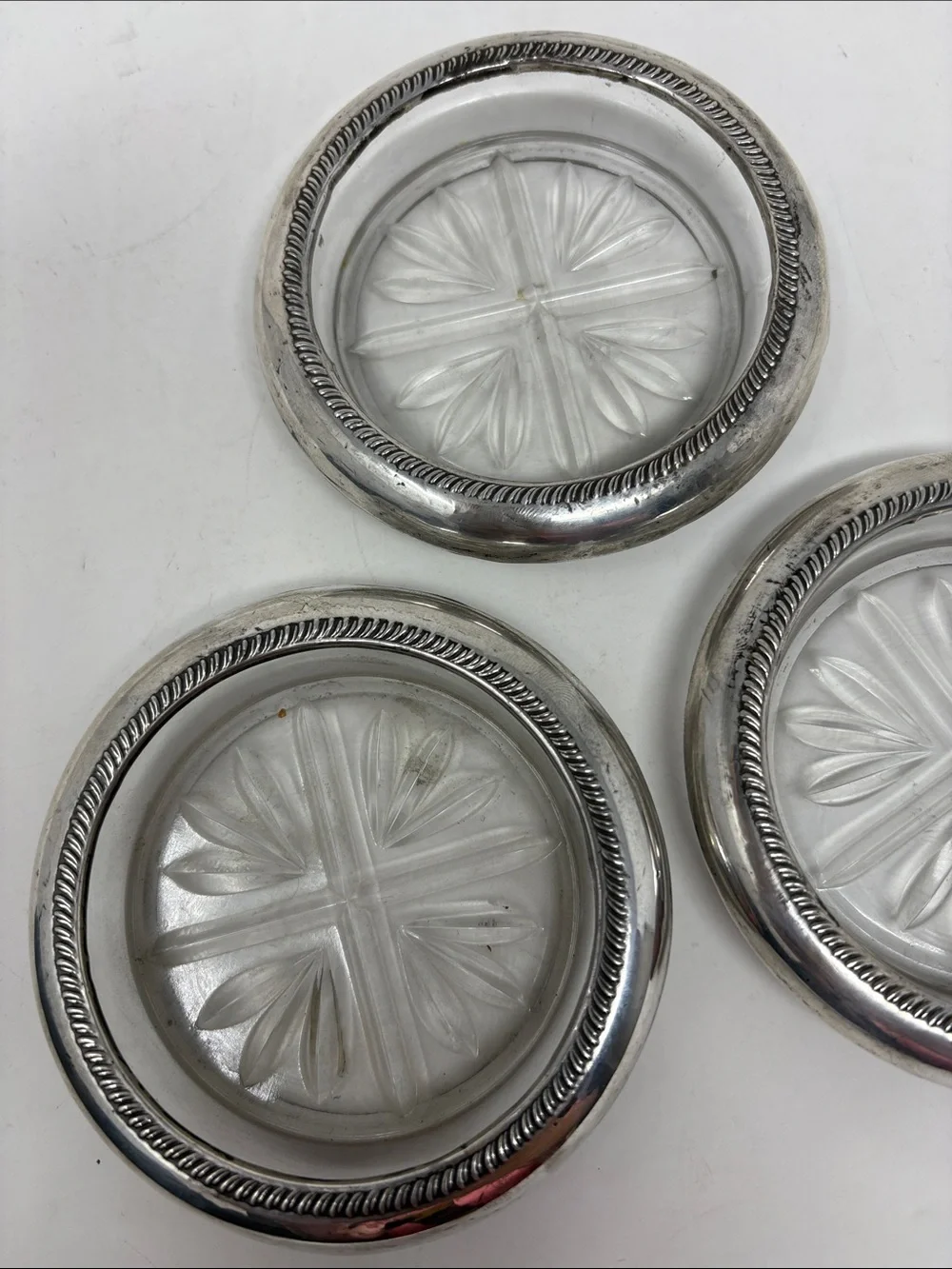 F B ROGERS Vintage Sterling Silver Rimmed Pressed Glass Set of 3 Coasters